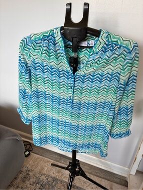 Kim Rogers Chevron Print Blouse in Blue & Green